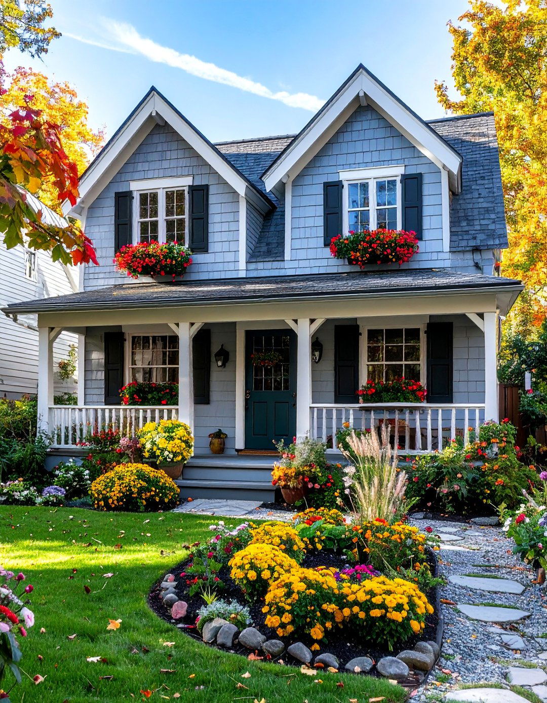 Mushroom Grey Cottage with Black Window Boxes - 25 Grey House With Black Trim