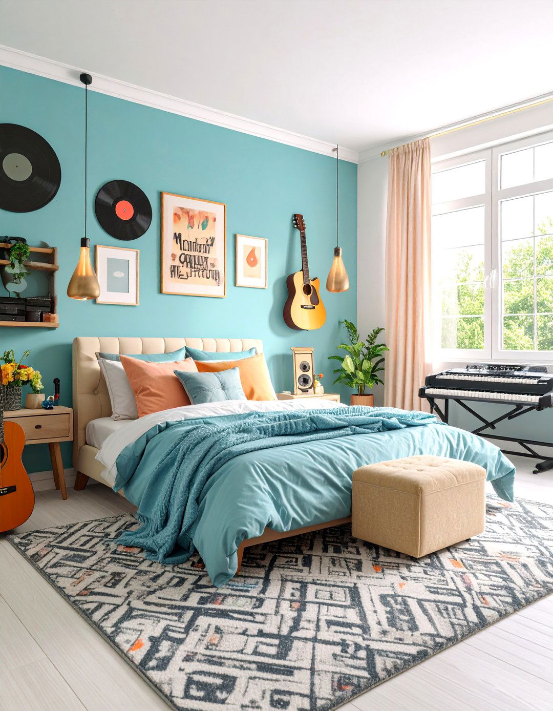 Music Themed Bedroom with Instrument Display - 25 Teen Girl Bedroom Ideas