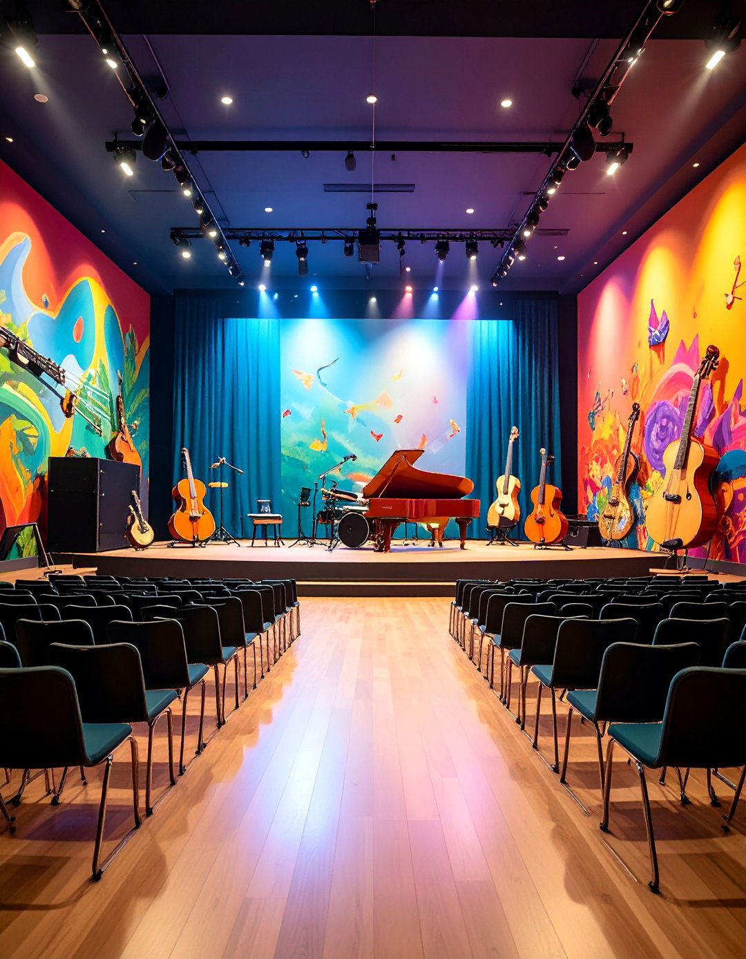 Music and Arts Performance Mural with Creative Expression - 25 School Mural Ideas