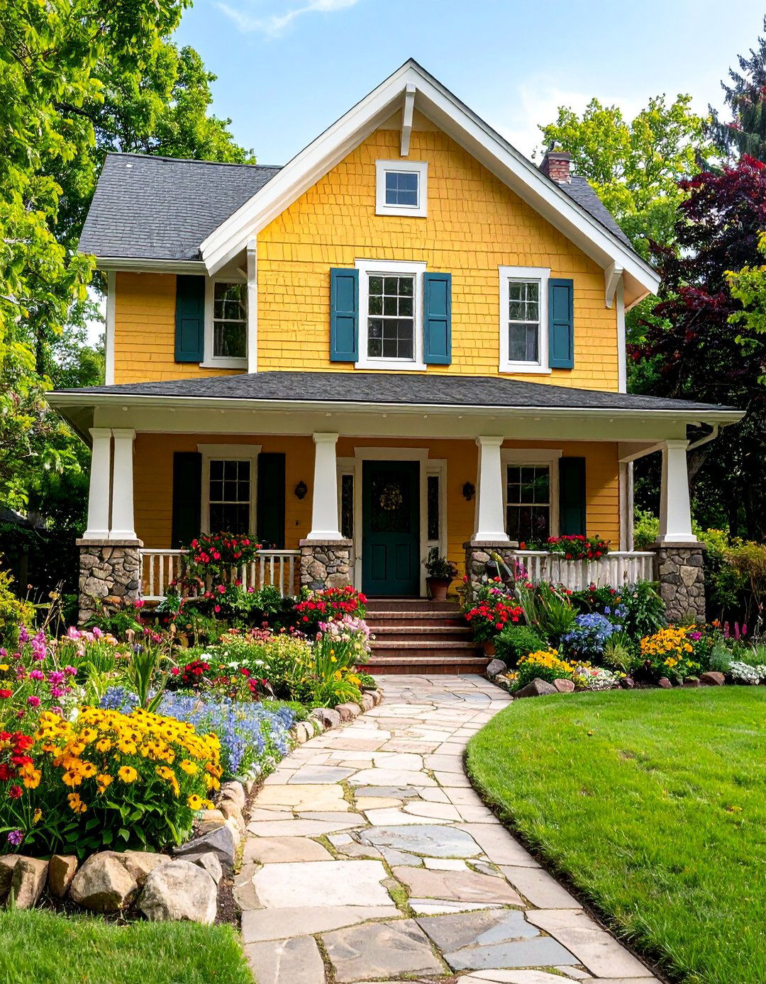 Mustard Craftsman Bungalow with Stone Accents - 25 Yellow Exterior Home Ideas