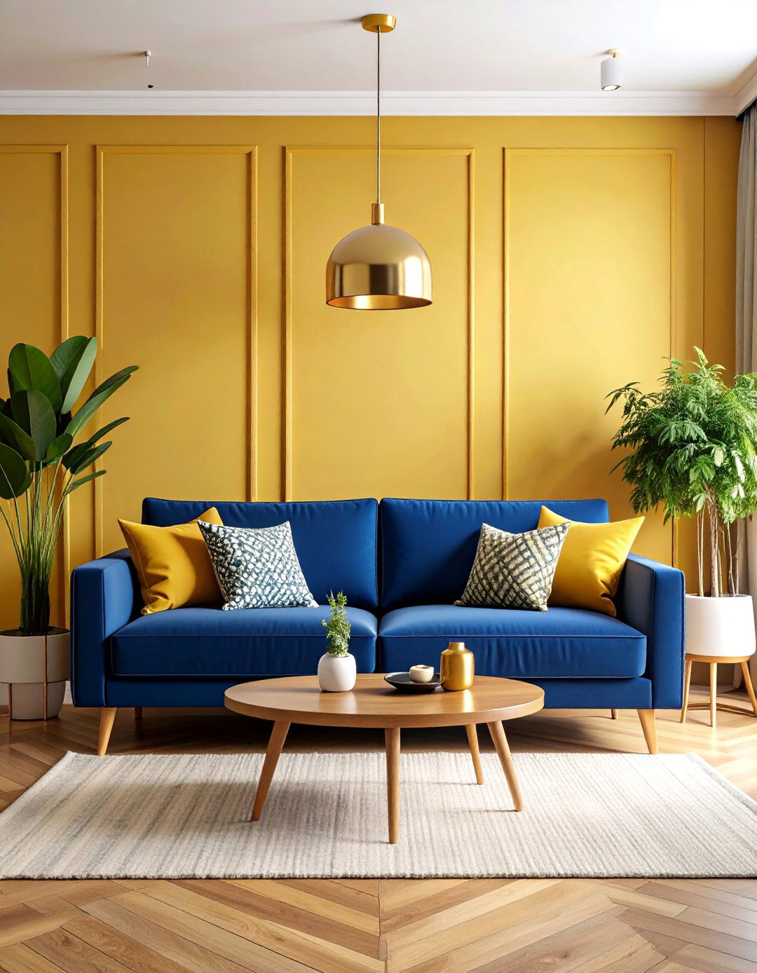 Mustard Yellow Accent Wall with Navy Blue Sofa - 25 Yellow Living Room Ideas