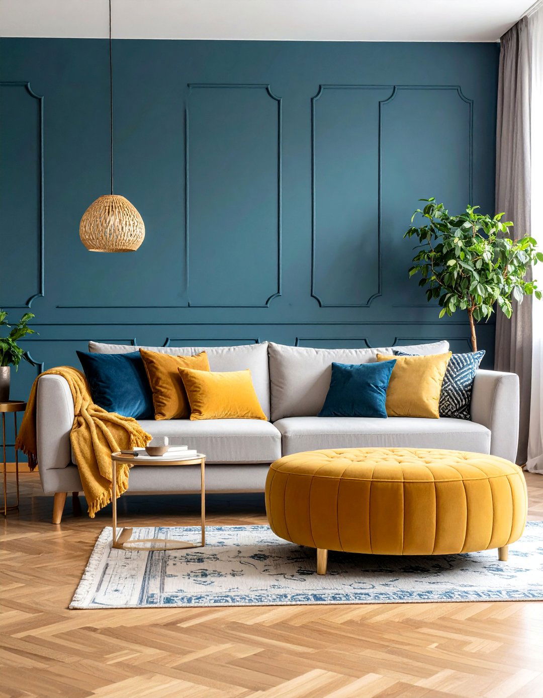 Mustard Yellow Ottoman with Navy Blue Patterned Wallpaper - 25 Yellow and Blue Living Room Ideas