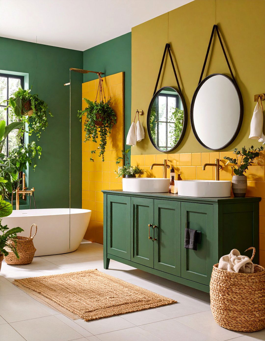 Mustard Yellow Subway Tiles with Forest Green Vanity - 25 Yellow and Green Bathroom Ideas