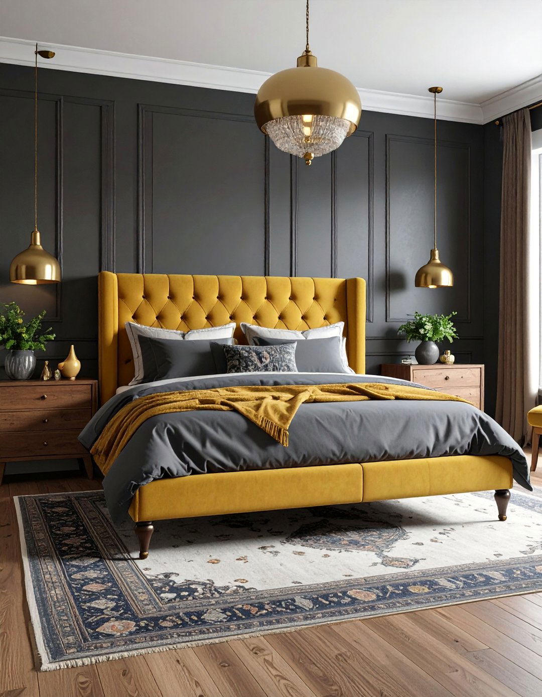 Mustard Yellow and Charcoal Bedroom with Vintage Finds - 25 Colorful Boho Bedroom Ideas
