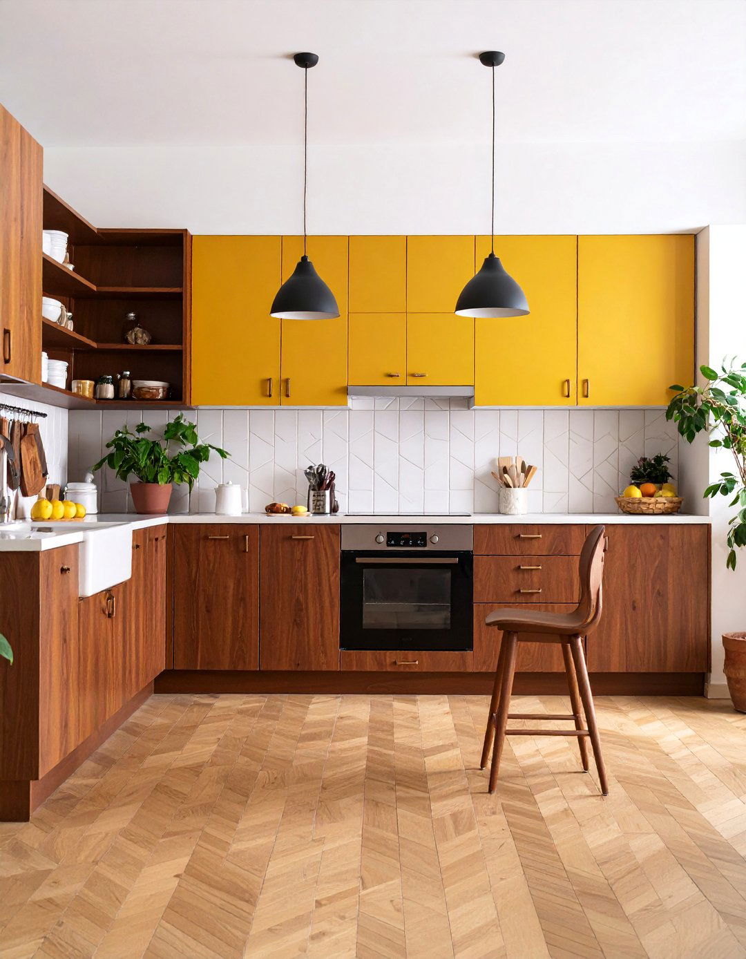 Mustard Yellow and Deep Brown Retro Kitchen - 25 Two Tone Kitchen Cabinet Ideas