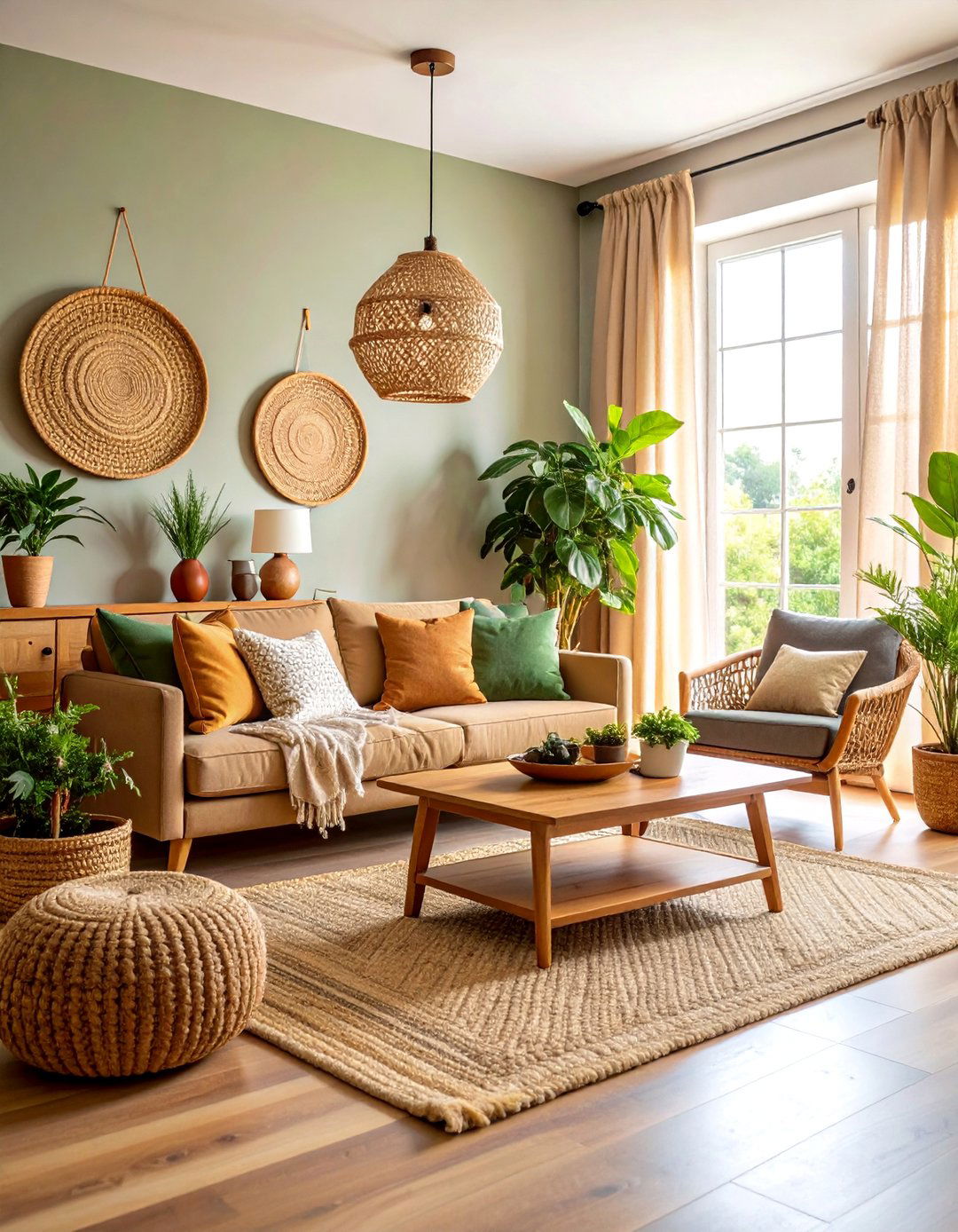 Natural Biophilic Living Room with Indoor Plants and Organic Materials - 25 Cozy Living Room Ideas