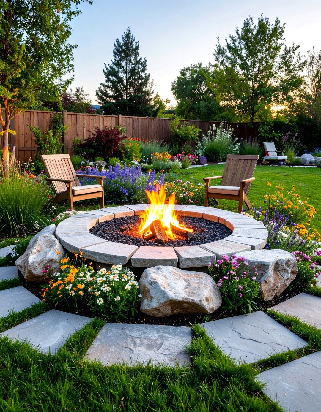 Natural Boulder Fire Pit with Wildflower Meadow - 25 Backyard Fire Pit Ideas Landscaping