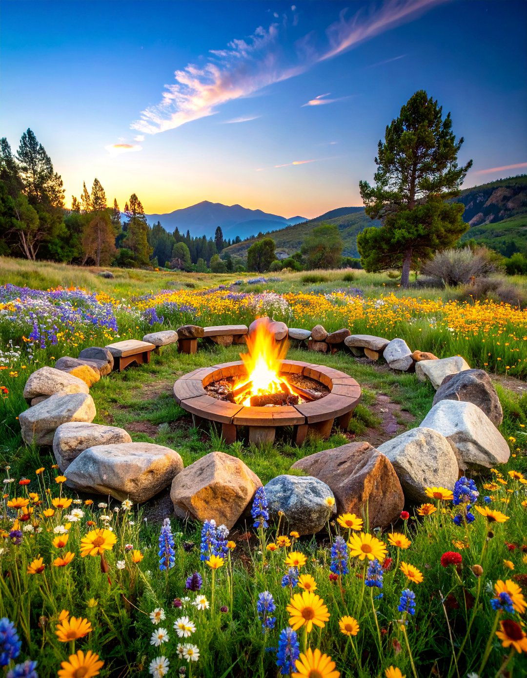Natural Boulder Fire Ring with Wildflower Meadow - 25 Rustic Fire Pit Ideas