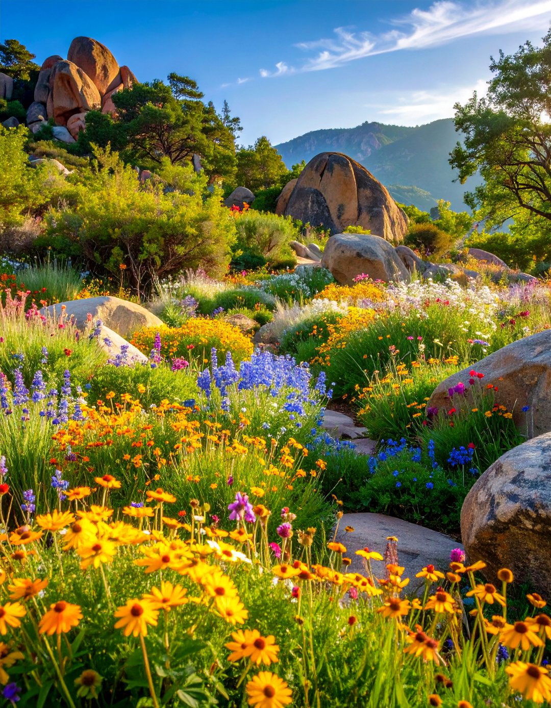 Natural Boulder Tiered Garden with Wildflower Meadows - 25 Tiered Garden Ideas