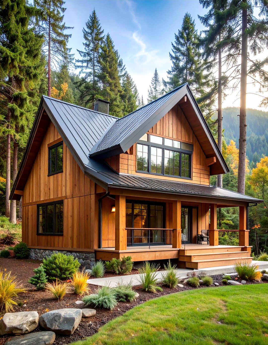 Natural Cedar Vertical Siding with Metal Roof Coordination - 25 Exterior House Siding Ideas