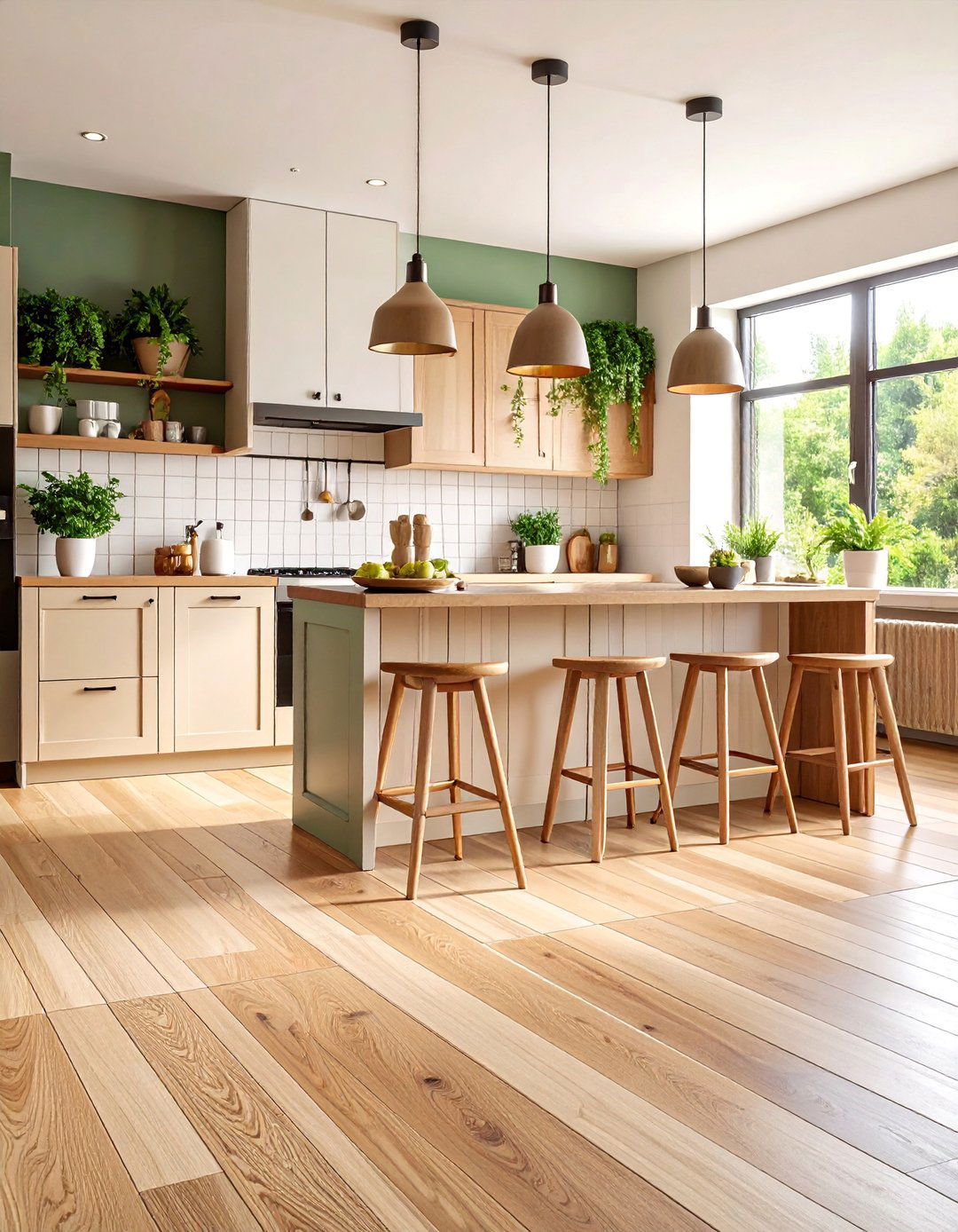 Natural Cork Look Beige with Geometric Inlay Bands - 25 Linoleum Kitchen Flooring Ideas
