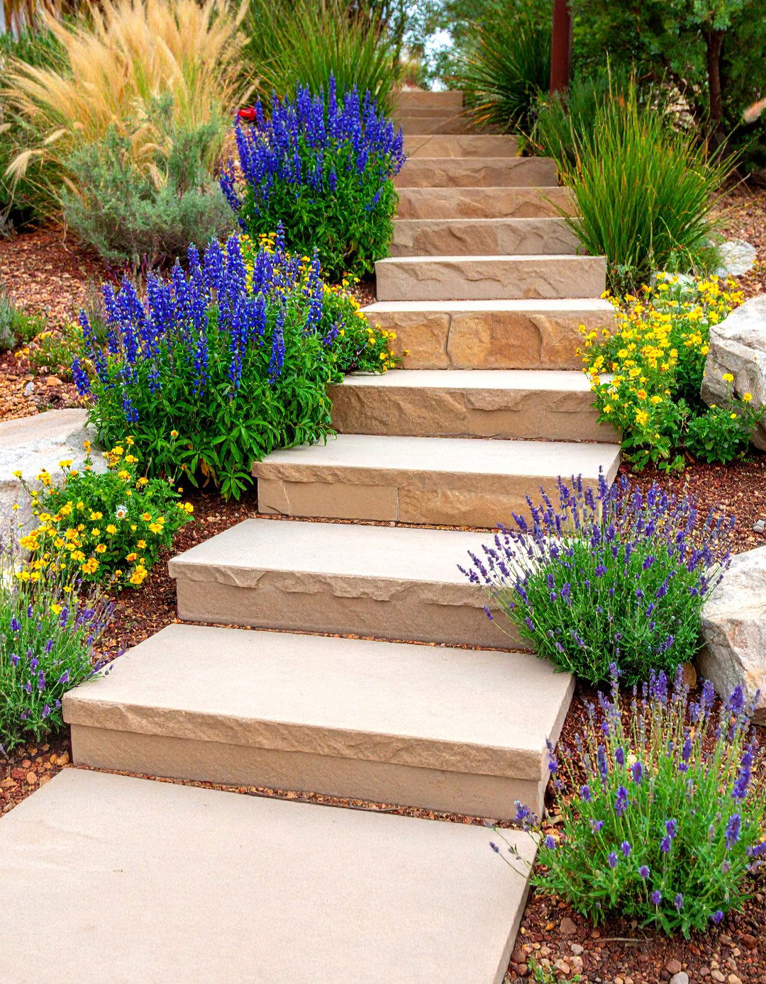 Natural Edge Sandstone Steps with Xeriscape Plantings - 25 Flagstone Steps