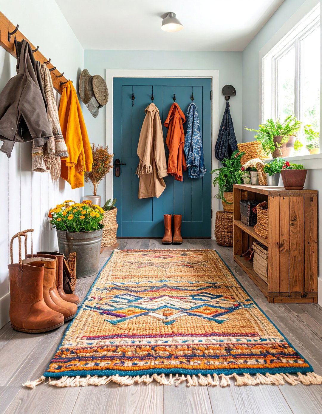Natural Fiber Rug with Boot Storage - 25 Farmhouse Entryway Ideas