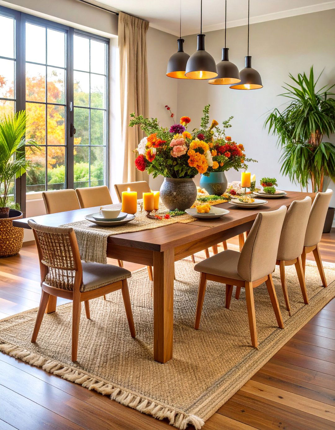 Natural Fiber Runner with Seasonal Centerpiece - 25 Transitional Dining Room Ideas
