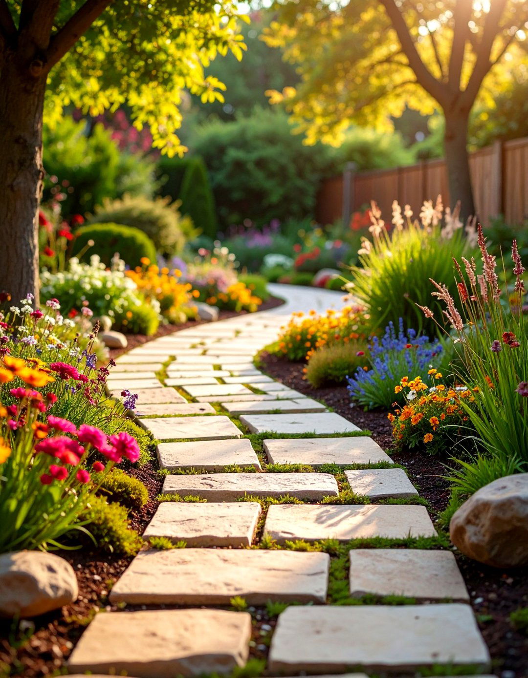 Natural Flagstone Curved Walkway with Native Plant Borders - 25 Curved Walkway Ideas