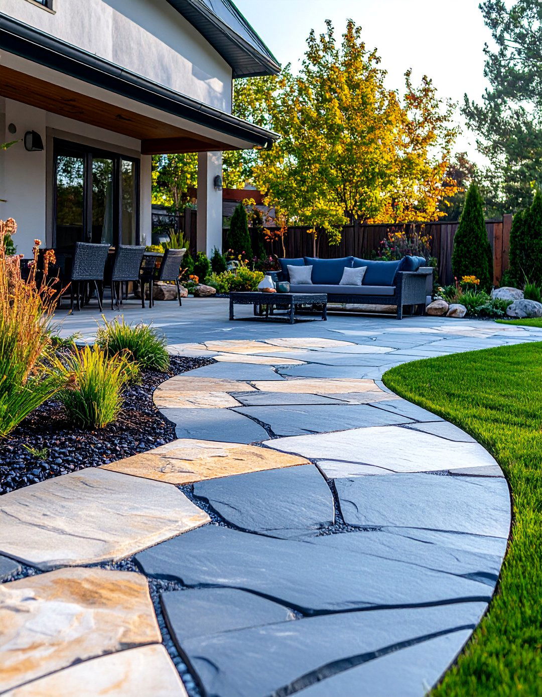 Natural Flagstone Patio with Organic Flowing Layout - 25 Patio Flooring Ideas