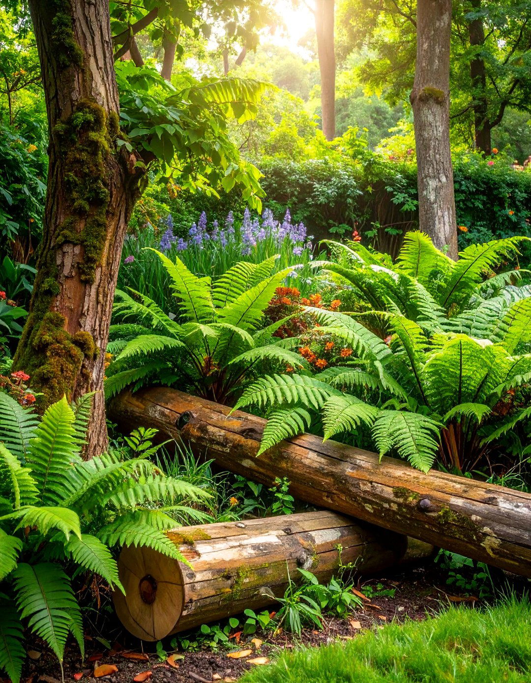 Natural Log Garden Border with Woodland Plant Communities - 25 Low Maintenance Garden Border Ideas