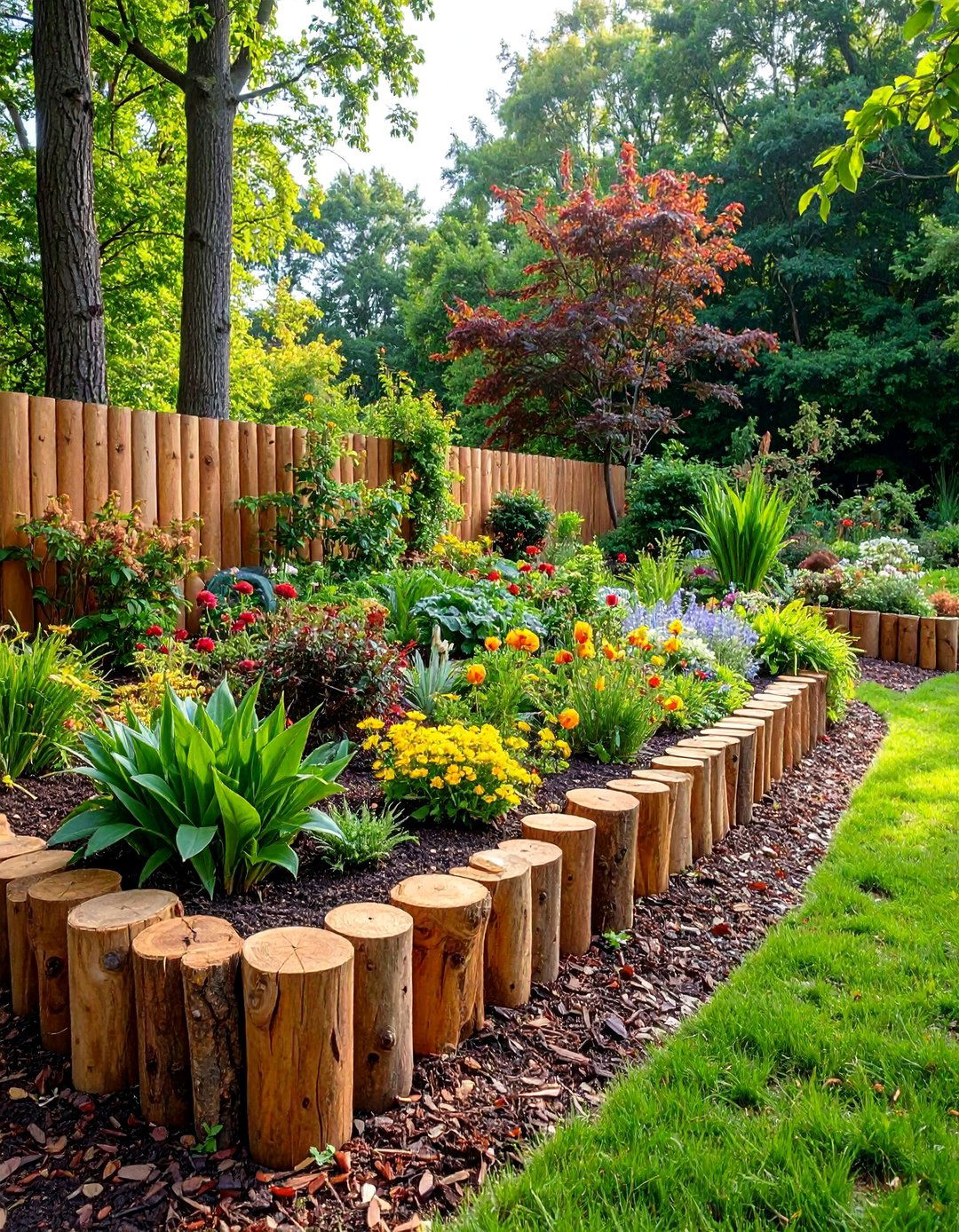 Natural Log Mulch Barriers - 25 Mulch Edging Ideas