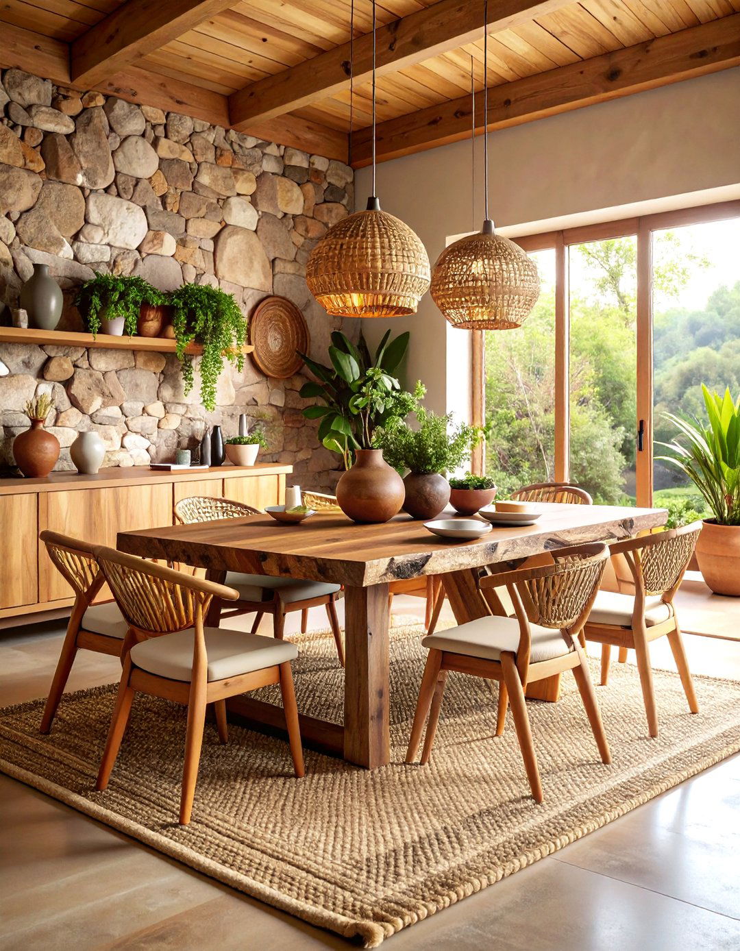 Natural Material Dining Room with Stone and Wood - 25 Dining Room Design Ideas