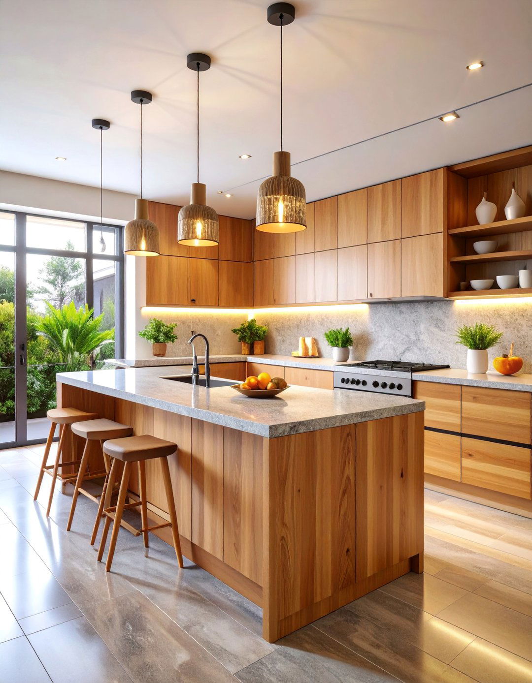 Natural Oak Japandi Kitchen with Stone Countertops - 25 Japandi Kitchen Ideas