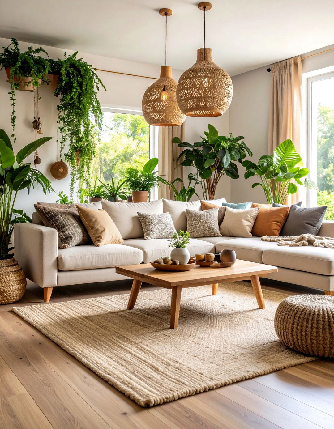 Natural Organic Beige Living Room with Biophilic Elements - 25 Beige Couch Living Room Ideas