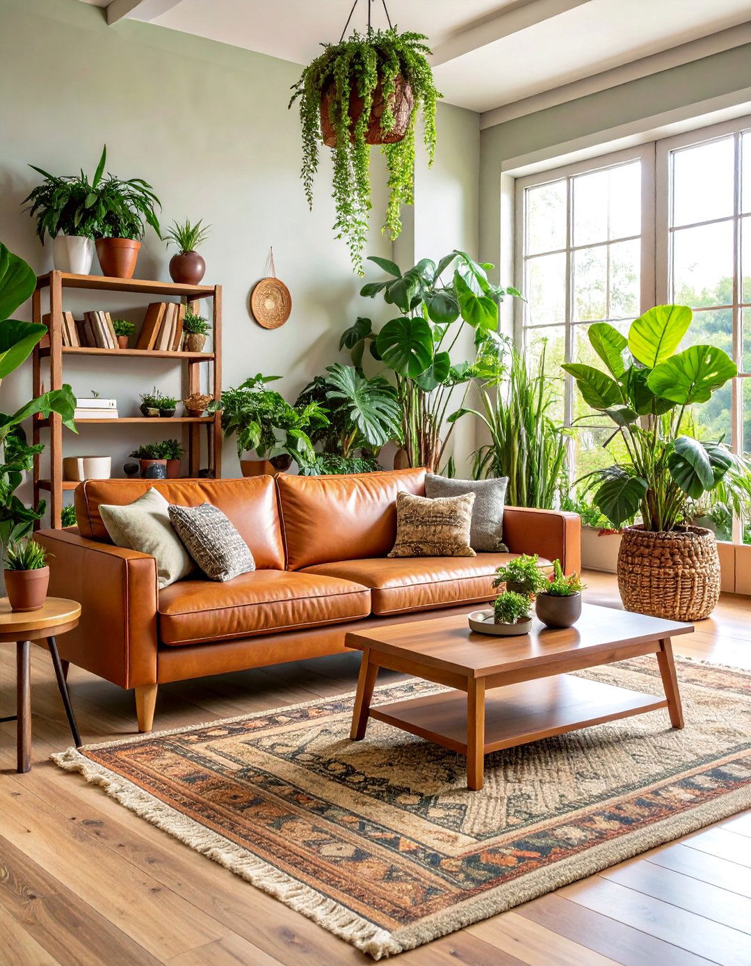 Natural Organic Living Room with Indoor Plant Collections - 25 Brown Leather Couch Living Room Ideas
