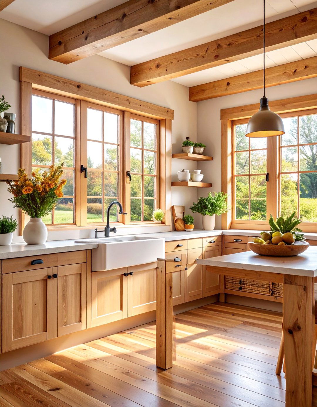 Natural Pine Stained Window Trim with Honey Finish - 25 Farmhouse Interior Window Trim Ideas