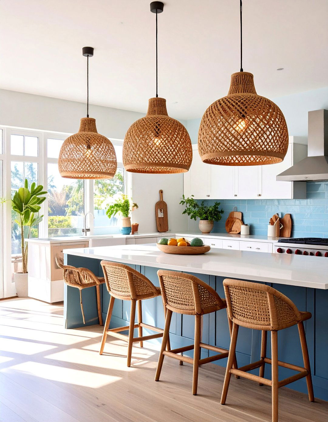 Natural Rattan Woven Pendant Trio - 25 Kitchen Island Lighting Ideas