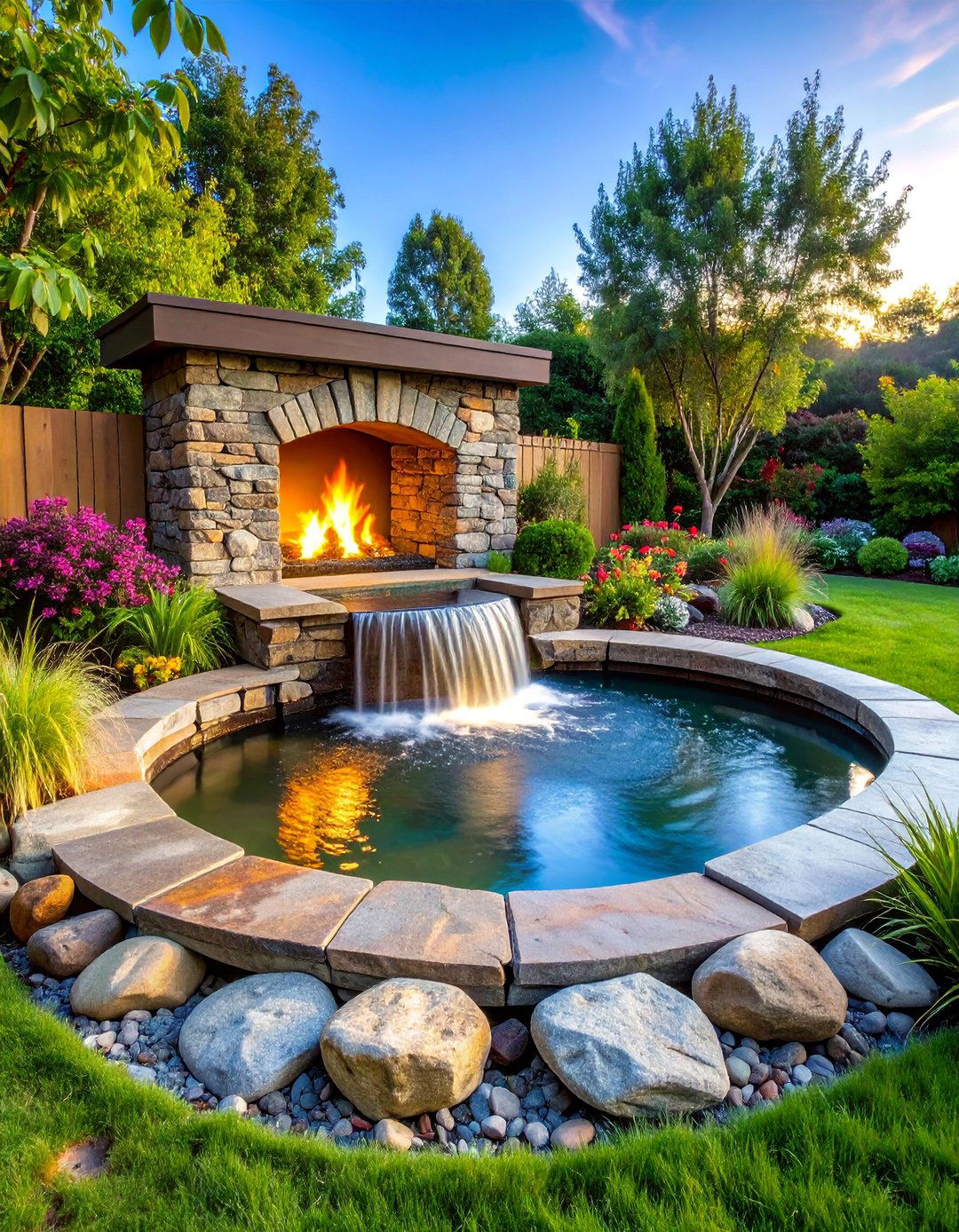 Natural River Rock Fireplace with Water Features - 25 Rustic Outdoor Fireplace Ideas