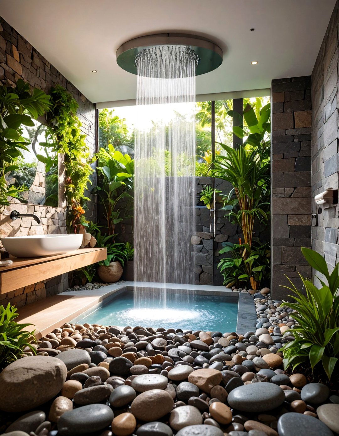 Natural River Rock Shower Floor with Rainfall - 25 Luxury Shower Ideas