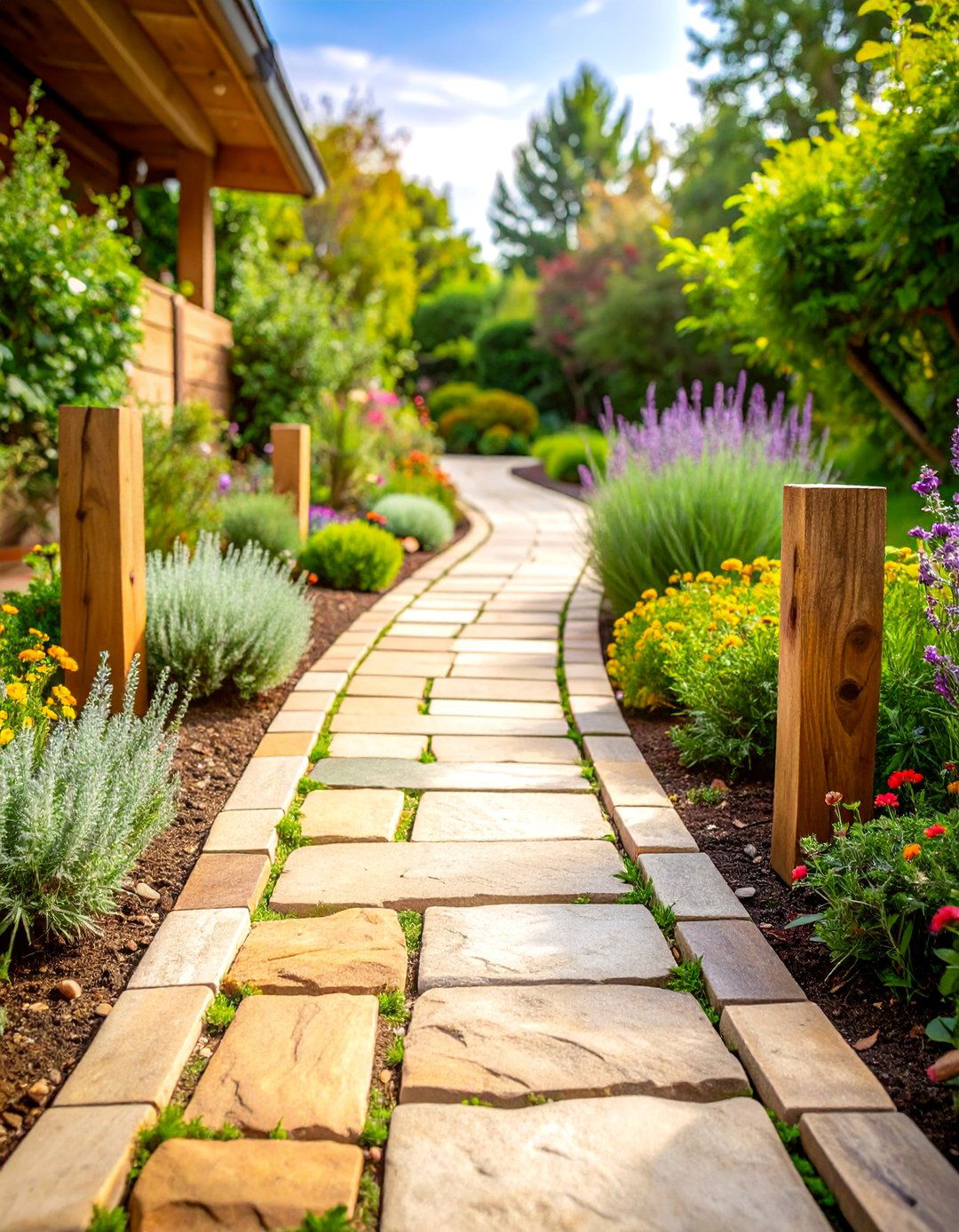 Natural Sandstone Slab Walkway with Herb Gardens - 25 Farmhouse Walkway Ideas