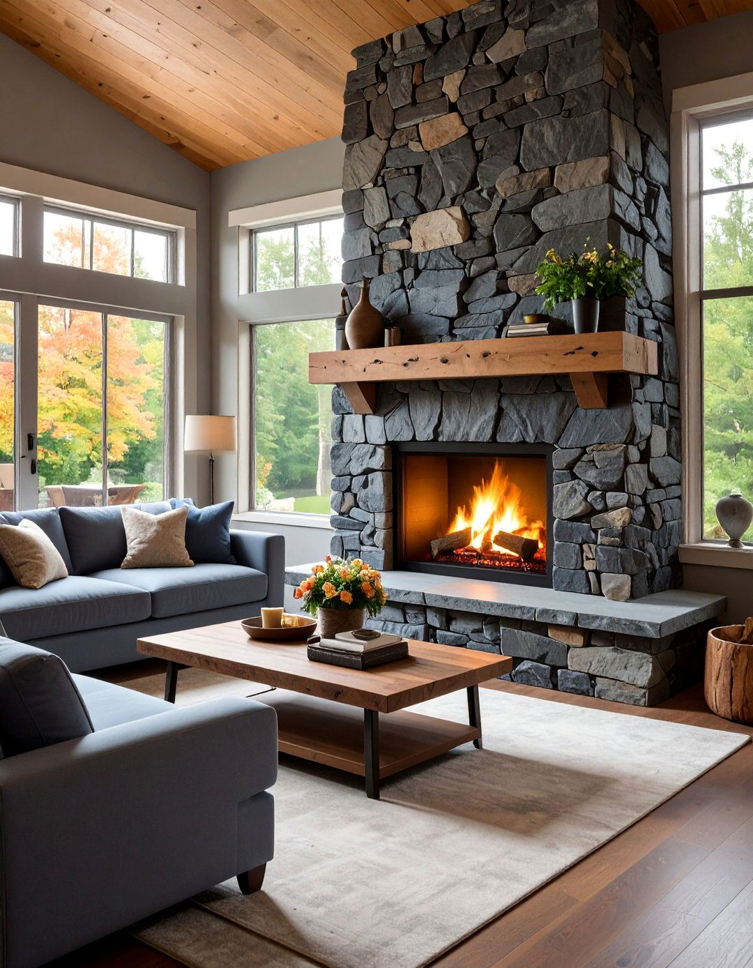 Natural Slate Hearth with Rough Edges - 25 Fireplace Hearth Ideas