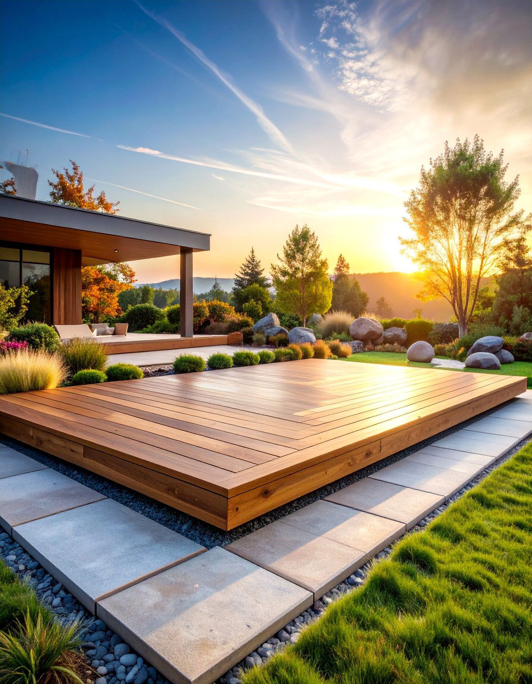 Natural Stone Accent Platform with Wood Integration - 25 Ground Level Deck Ideas