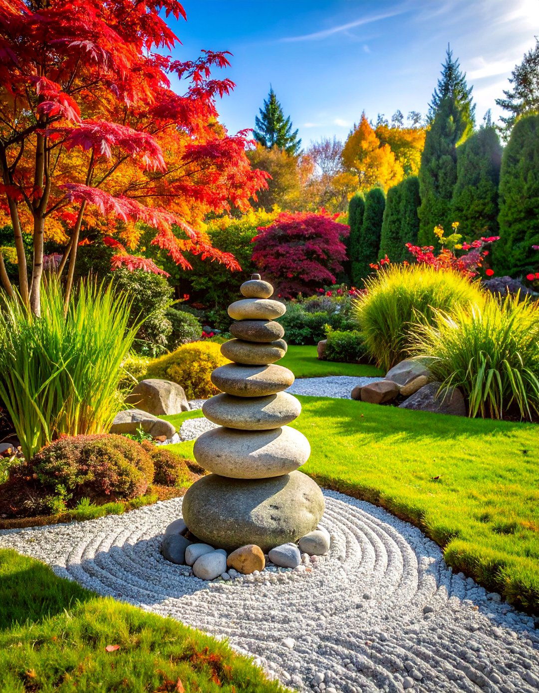 Natural Stone Cairn with Zen Garden Elements - 25 Garden Centerpiece Ideas
