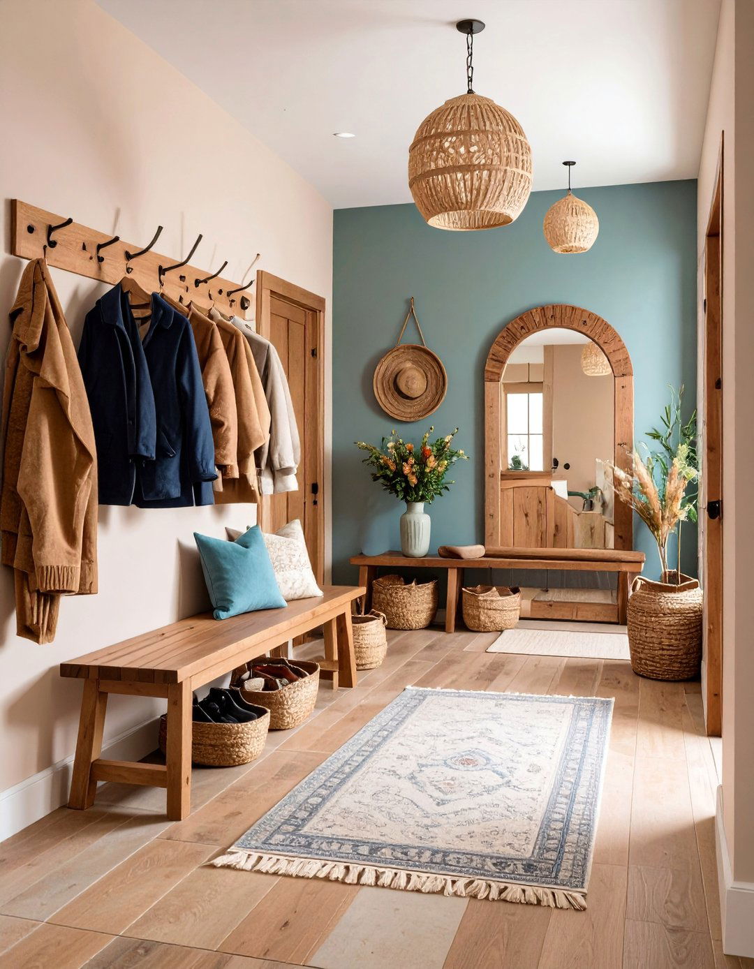 Natural Stone Entryway with Wooden Bench Seating - 25 Cabin Decor Ideas
