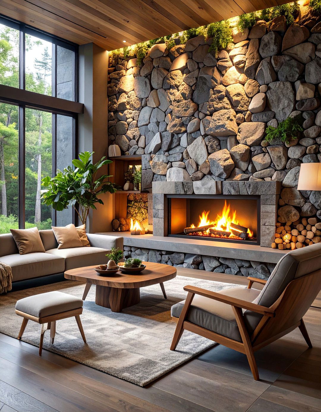 Natural Stone Feature Wall with Integrated Fireplace - 25 Organic Modern Interior Design Ideas