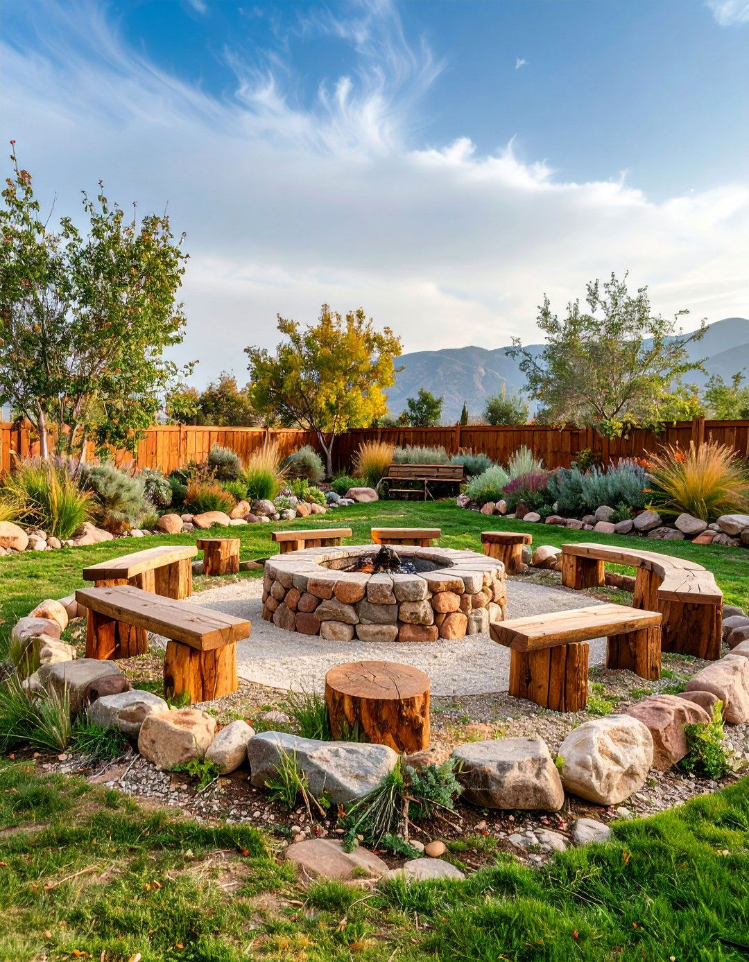 Natural Stone Fire Circle with Log Seating - 25 Rustic Landscaping Ideas
