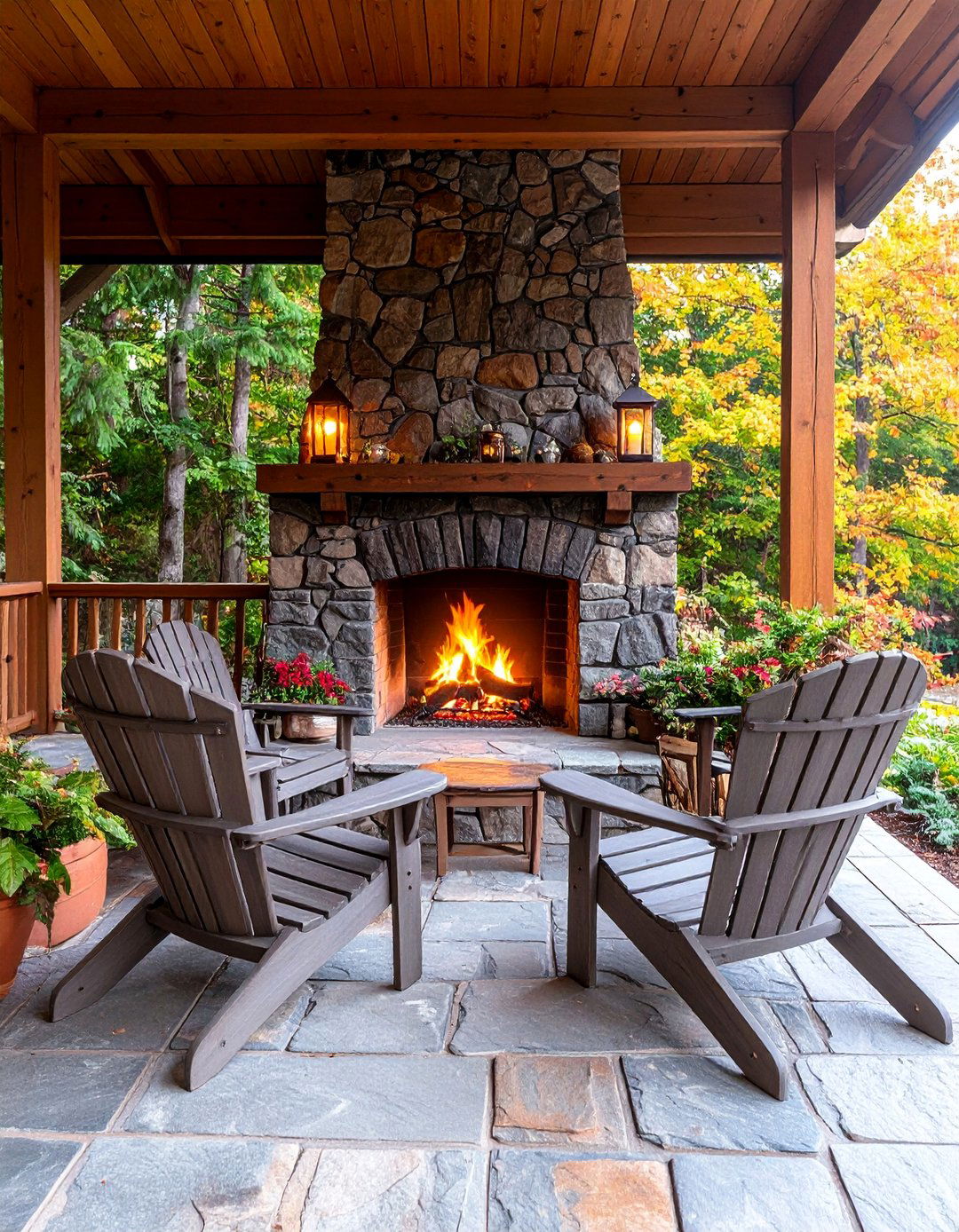 Natural Stone Fireplace Porch with Adirondack Seating - 25 Rustic Porch Ideas