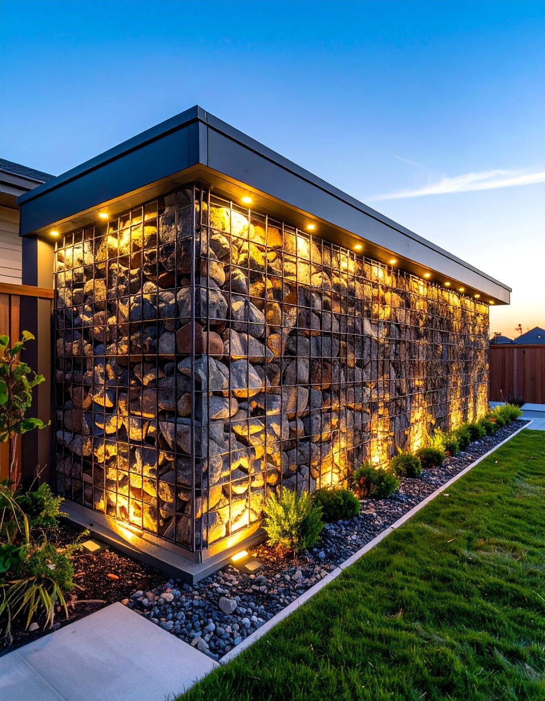 Natural Stone Gabion Wall with Integrated Lighting - 25 Patio Wall Ideas