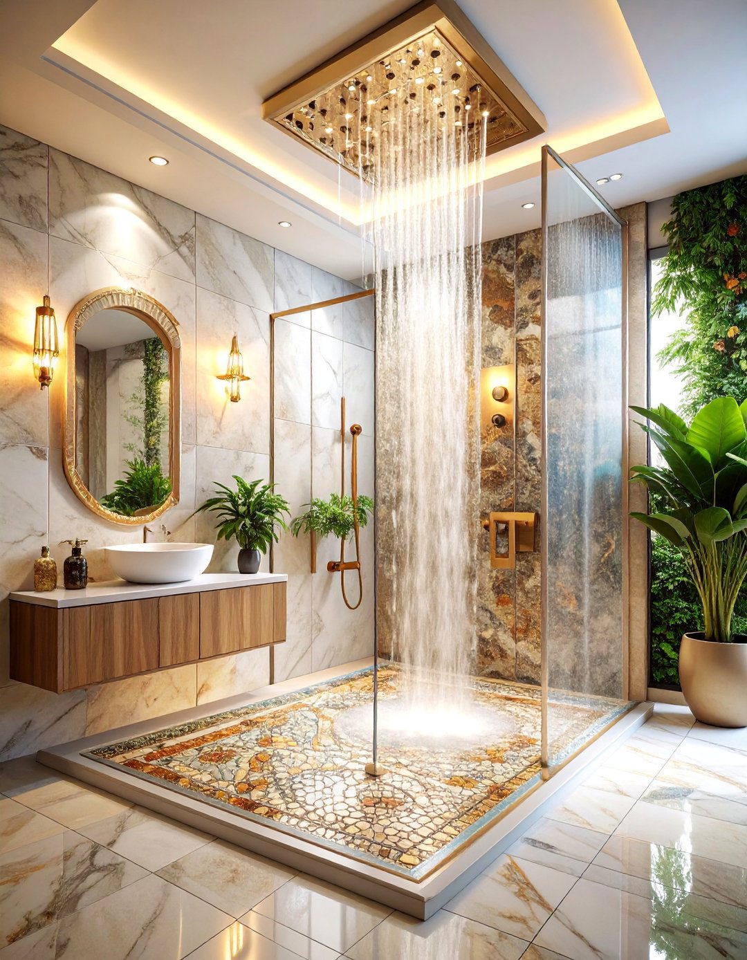 Natural Stone Mosaic Floor with Body Jets - 25 Luxury Shower Ideas