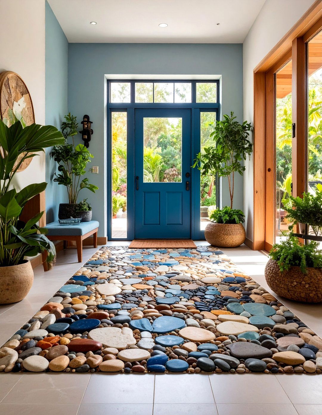 Natural Stone Mosaic with River Rock Elements - 25 Small Entryway Tile Floor Ideas
