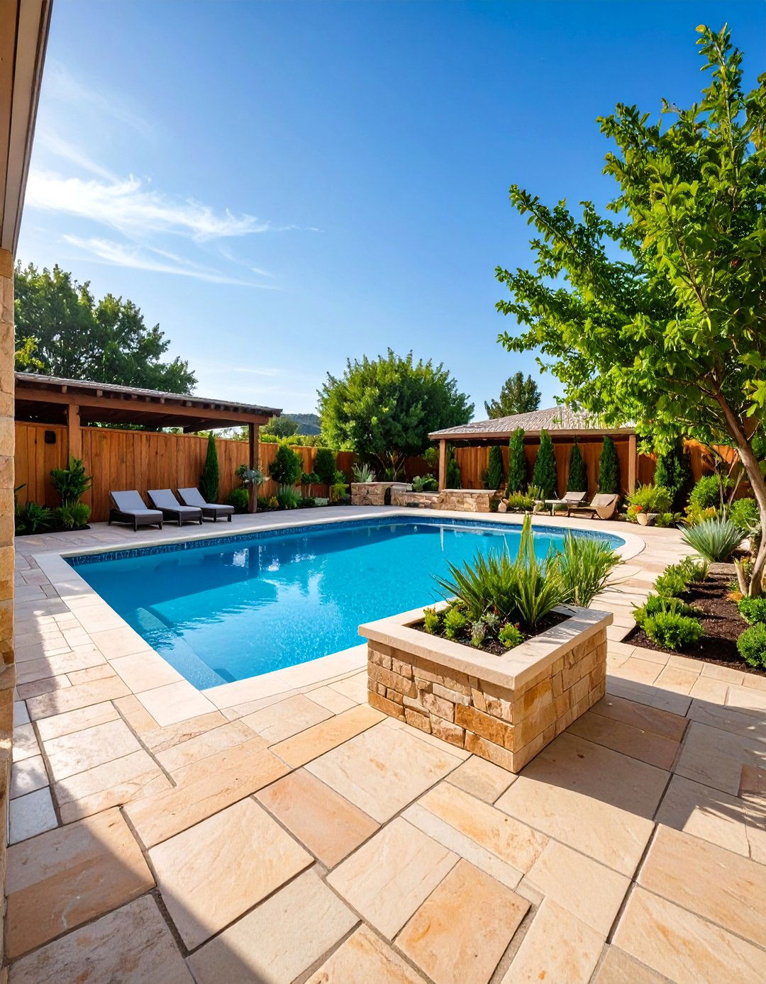Natural Stone Pool Deck with Integrated Planters - 25 Pool Deck Ideas