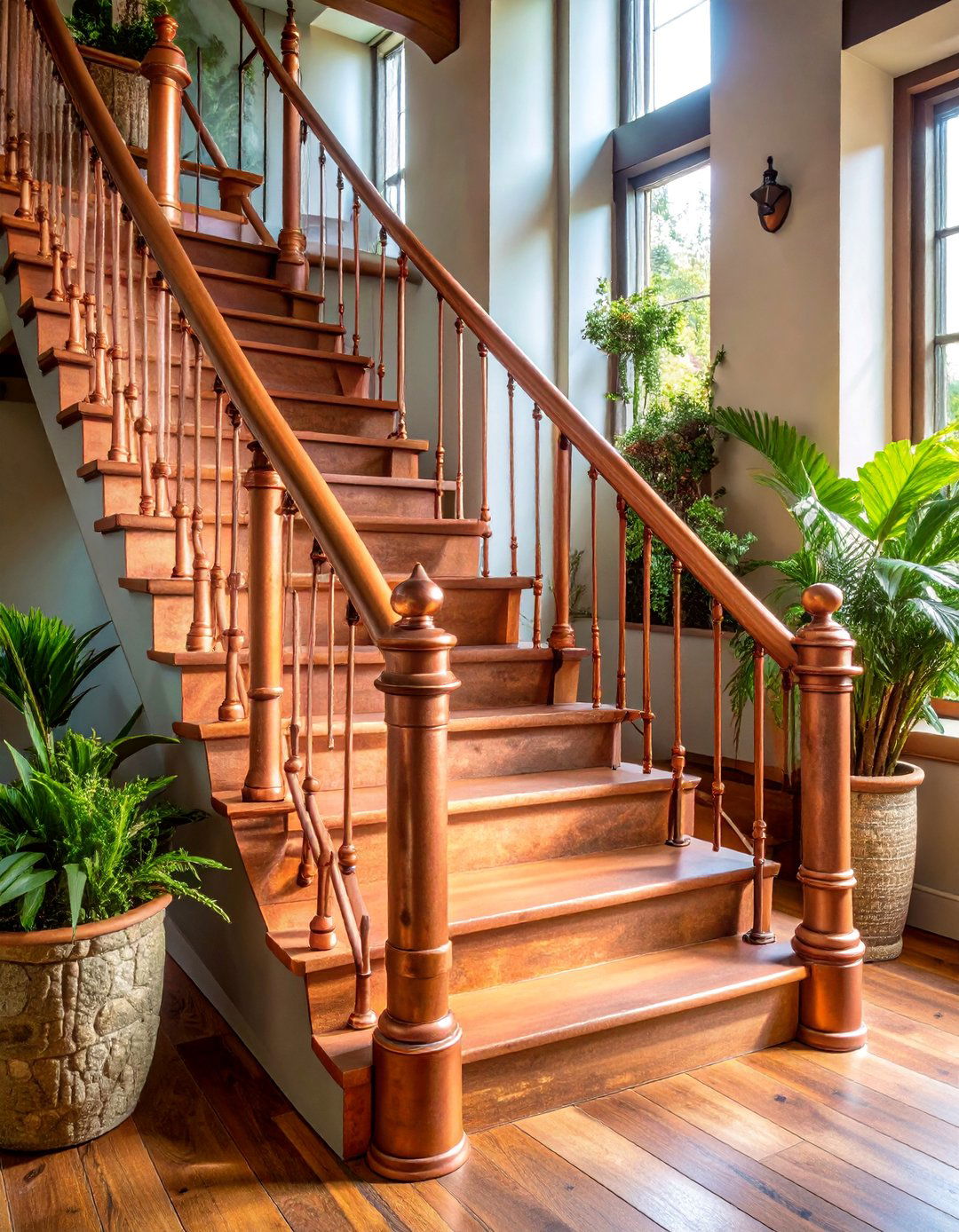 Natural Stone Posts with Copper Pipe Details - 25 Farmhouse Rustic Stair Railing Ideas
