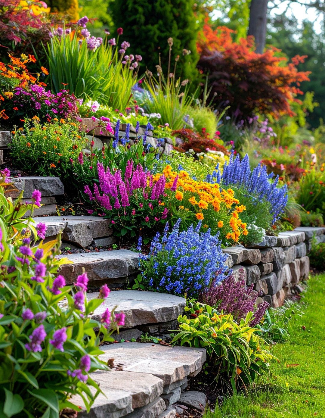 Natural Stone Retaining Wall with Terraced Planting - 25 Garden Wall Ideas