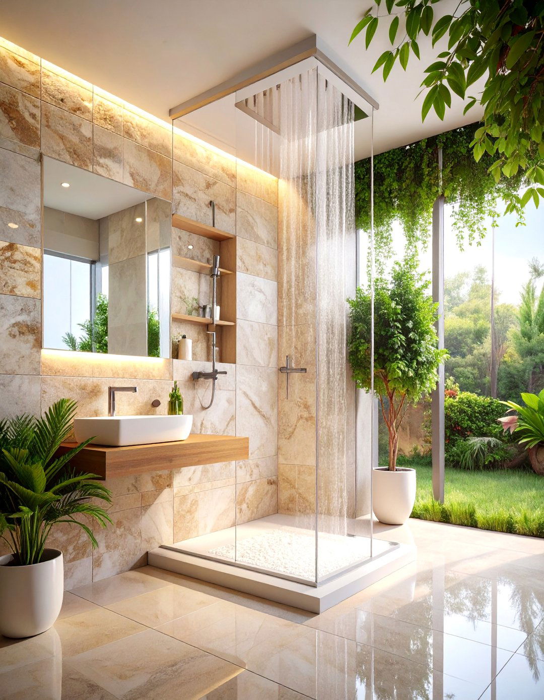 Natural Stone Shower Feature Wall - 25 Minimalist Bathroom Ideas