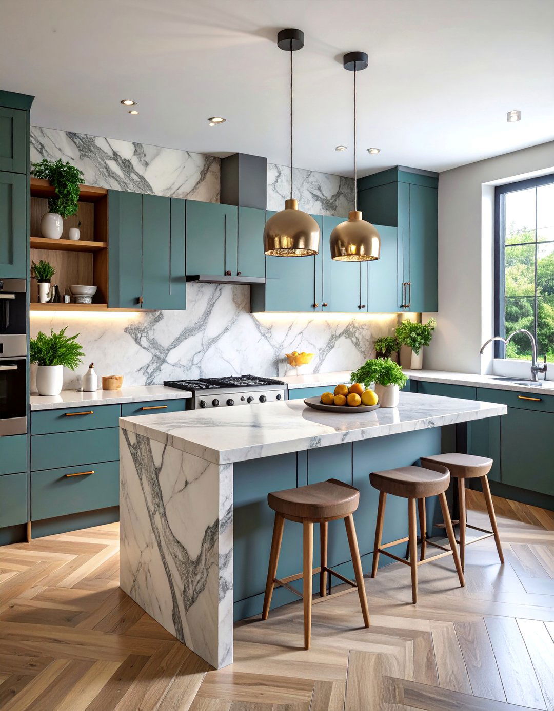 Natural Stone Slab Backsplash with Dramatic Veining - 25 Modern Kitchen Backsplash Ideas