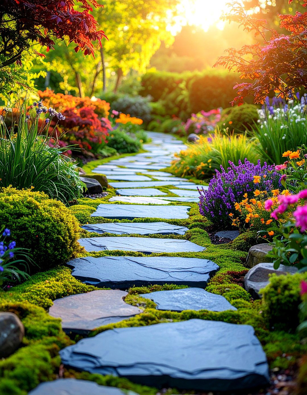 Natural Stone Slate Garden Path with Moss Accents - 25 Garden Path Ideas