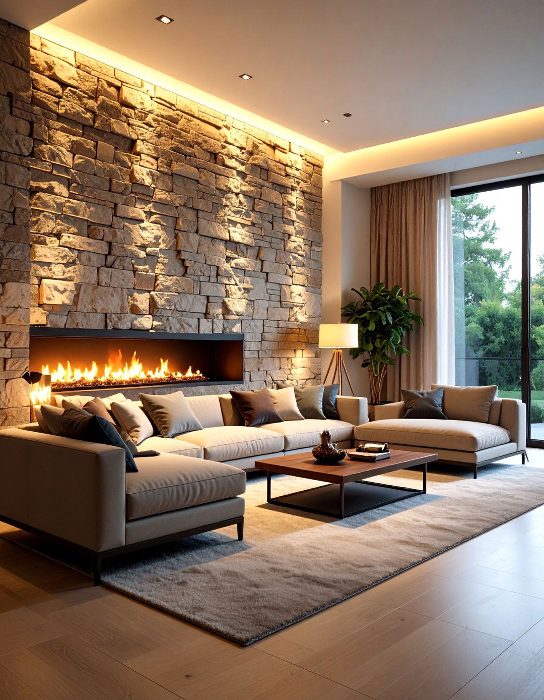 Natural Stone Veneer Feature Wall with LED Backlighting - 25 Living Room Accent Wall Ideas
