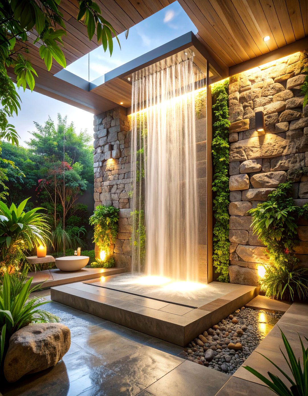 Natural Stone Veneer Waterfall Shower Surround - 25 Shower Surround Ideas