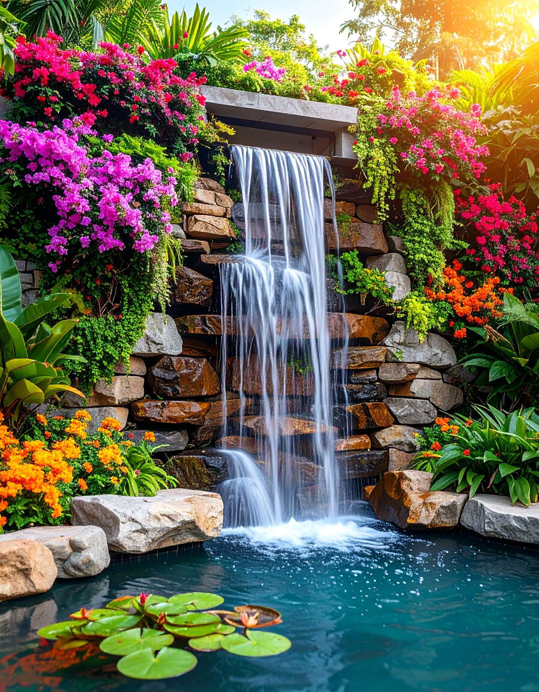 Natural Stone Wall with Integrated Waterfall Feature - 25 Natural Rock Retaining Wall Ideas